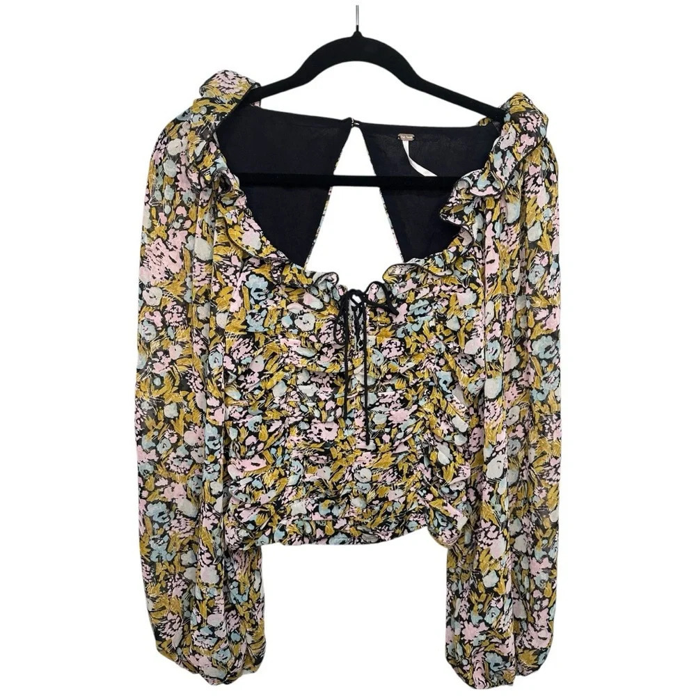 Free People Sz S Mabel Floral Printed Boho Ruched Tie Front Smocked Back Top